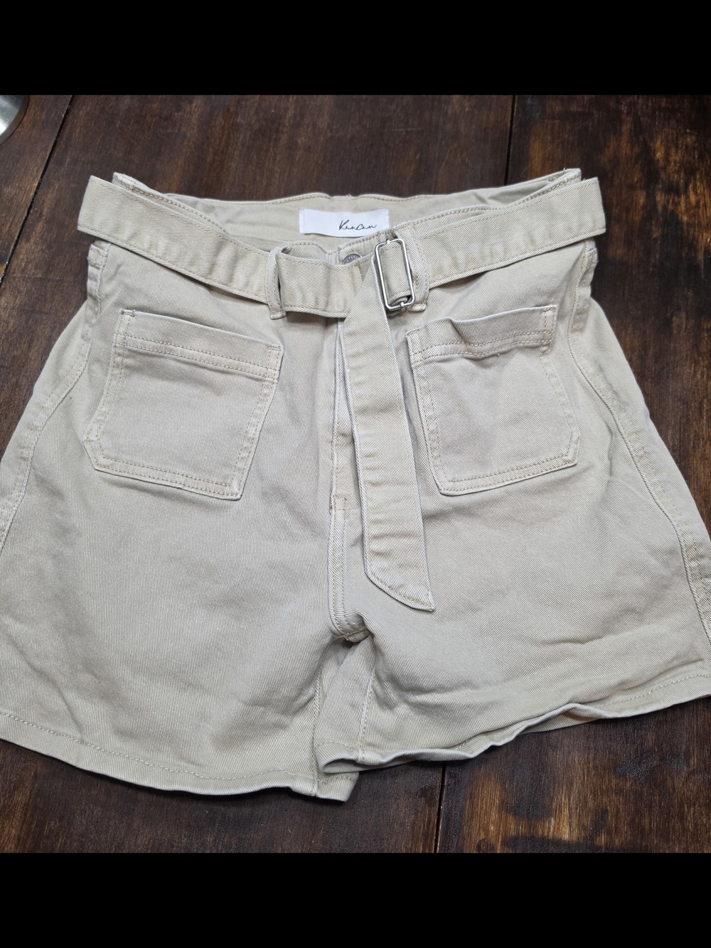 KanCan Taupe High-Waist Belted Cotton Shorts